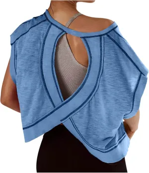 Open Back Workout Tops for Women Yoga Athletic Backless Shirts Oversized Trendy Short Sleeve T-Shirt Running Crop Tee