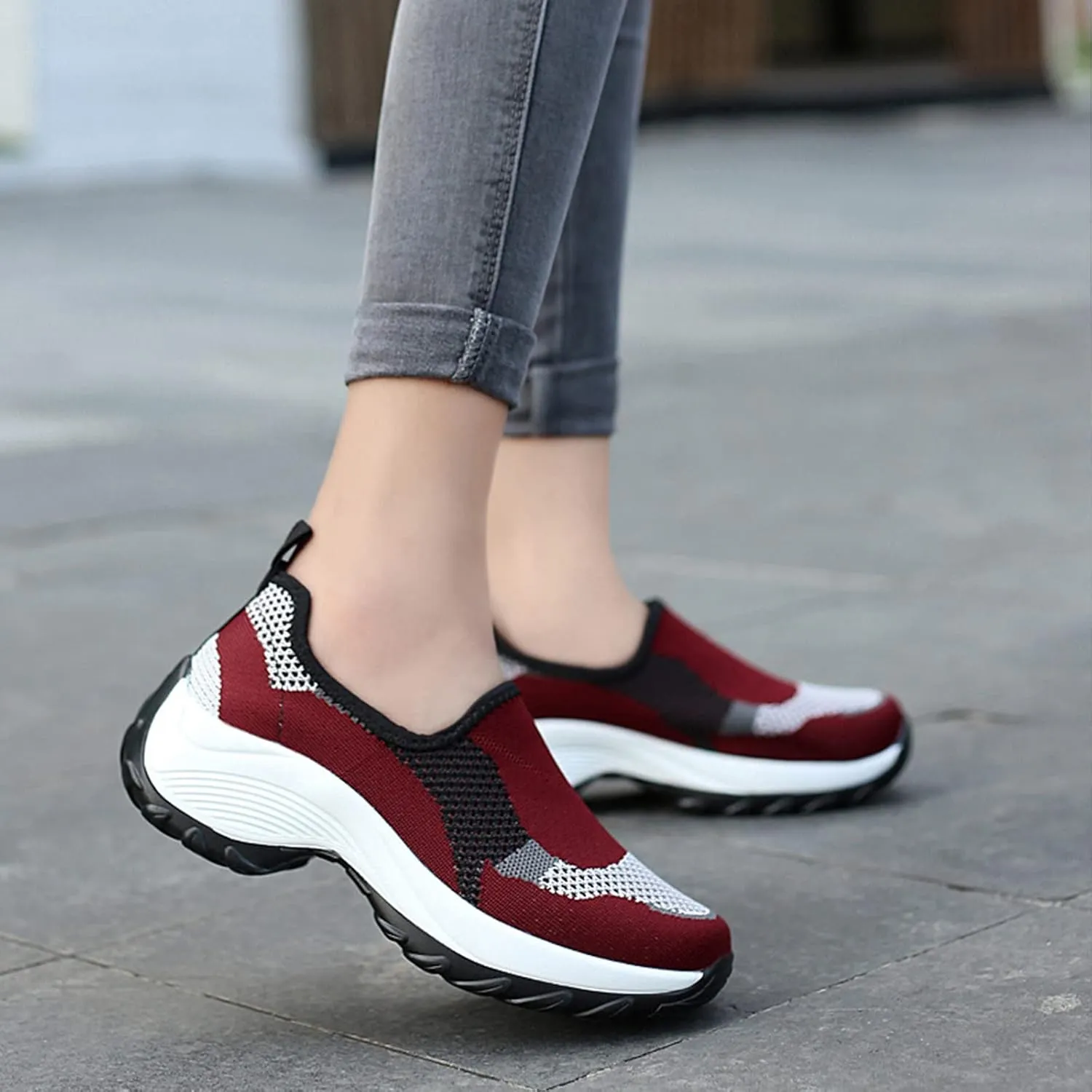 Optigard Women's Mesh Slip On Sock Walking Sneakers with Arch Support Lightweight Breathable Running Shoes Shallow Mouth Platform Comfortable Work Shoes