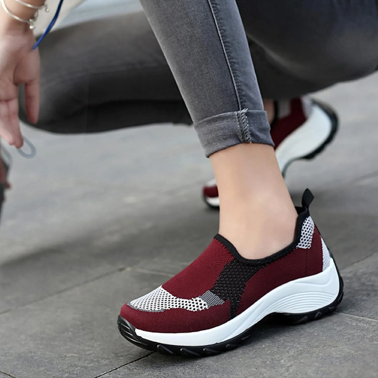 Optigard Women's Mesh Slip On Sock Walking Sneakers with Arch Support Lightweight Breathable Running Shoes Shallow Mouth Platform Comfortable Work Shoes