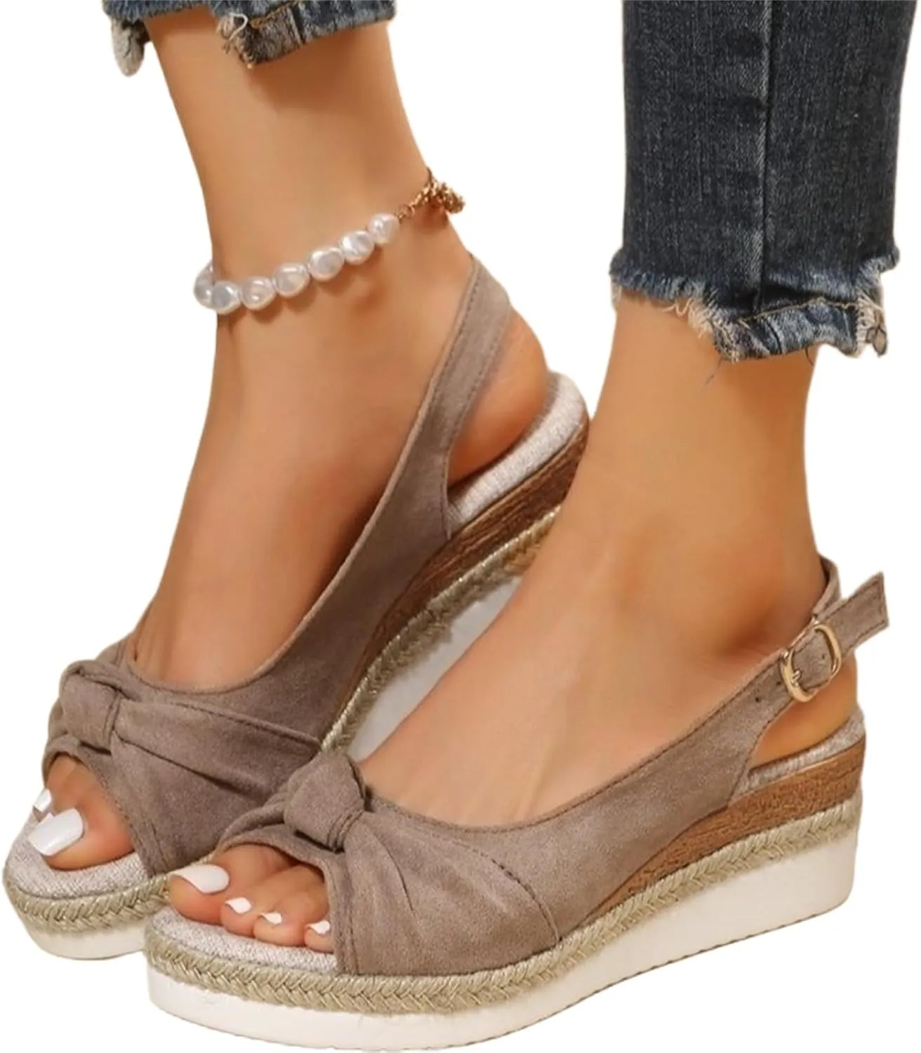 Orthopedic Platform Wedge Sandals Women Flat Open Toe Ankle Espadrilles Arch Support Casual Strappy Low Wedges Espadrille Slingback Bowknot Summer Shoes Slip on Beach Sandal Walking Slippers