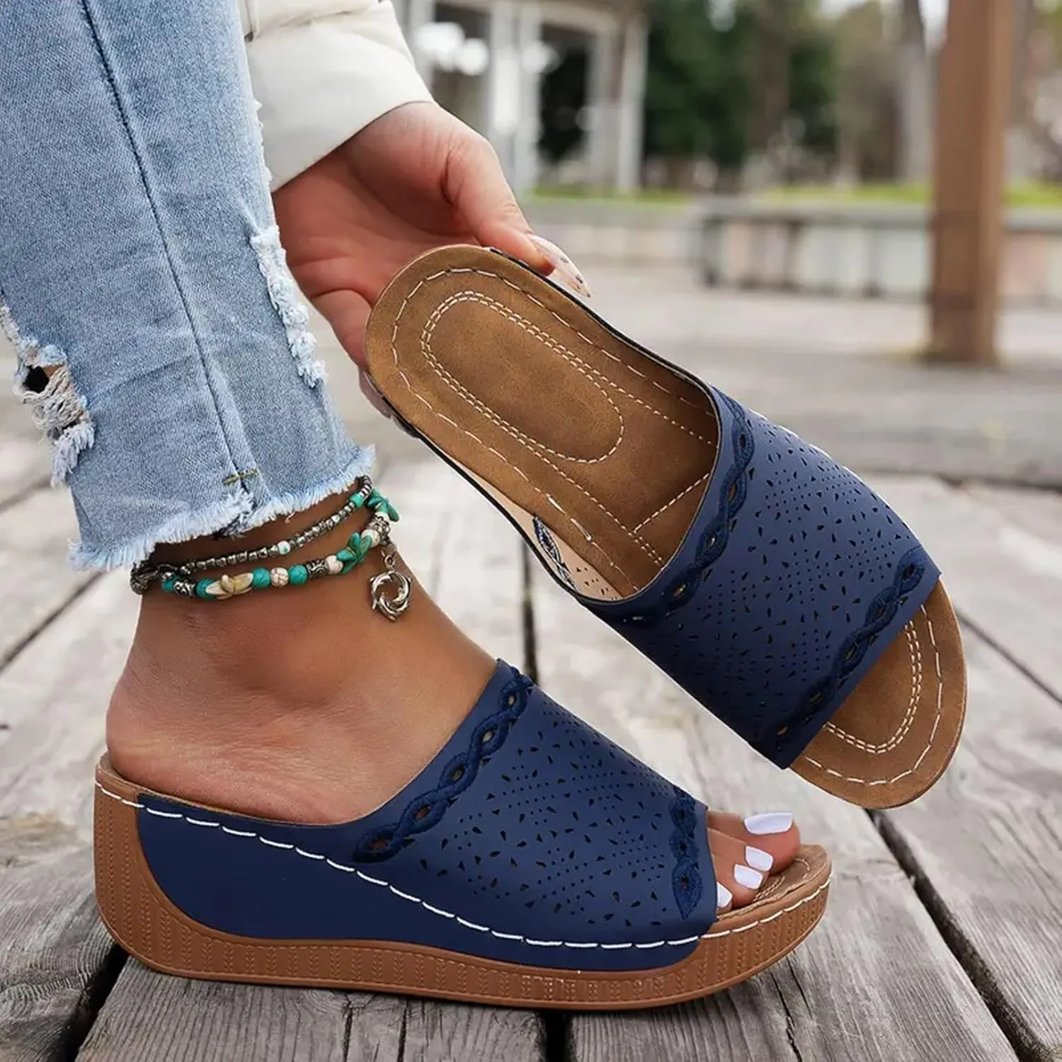Orthopedic Sandals for Women Wide Width, Women Dressy Summer Comfortable Walking Sandals with Arch Support Wide Width Slip On Sandal Breathable Slide Sandal