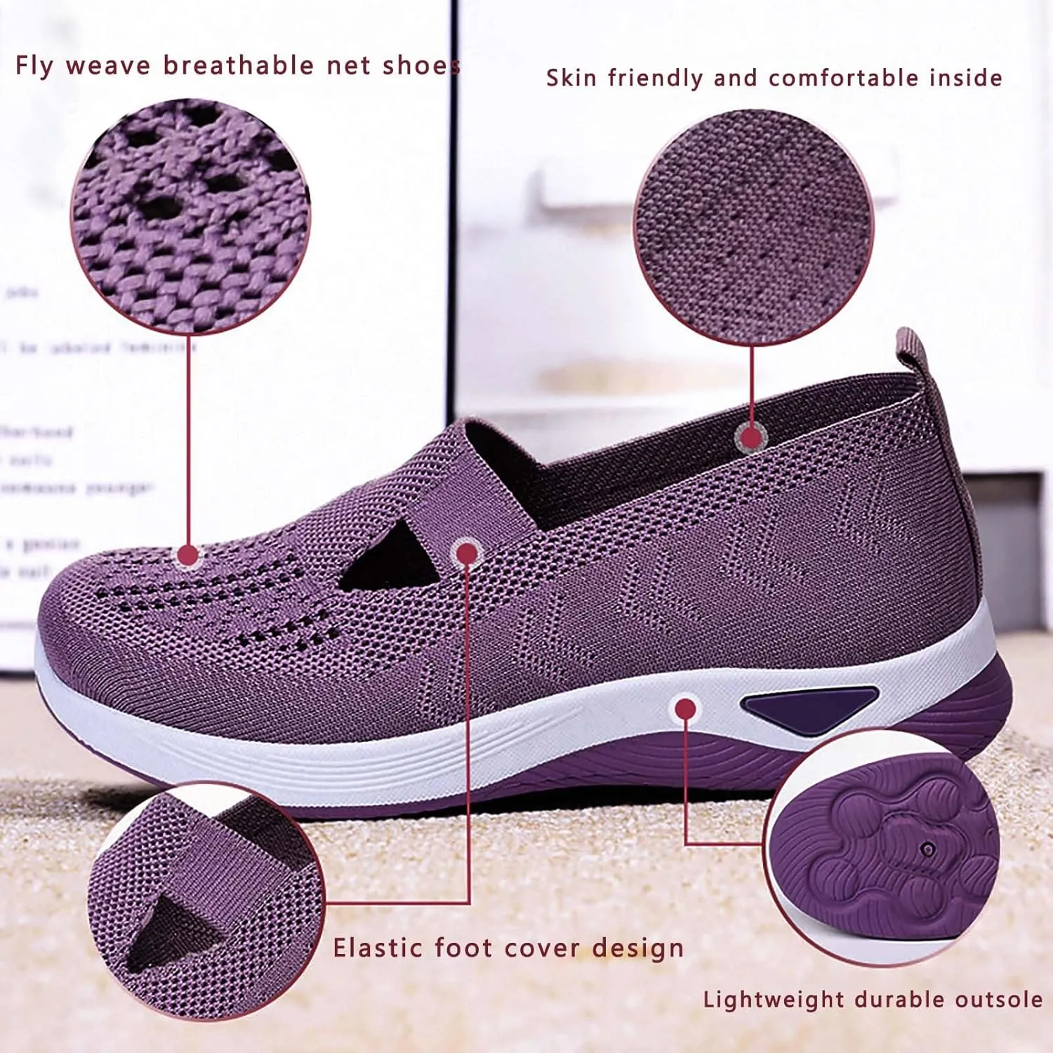 Orthowalkway Womens Shoes, Orthopedic Arch Support Woven Mesh Breathable Soft Slip-On Sneakers Indoor Outdoor Casual Walking Anti-Skid Sports Shoes