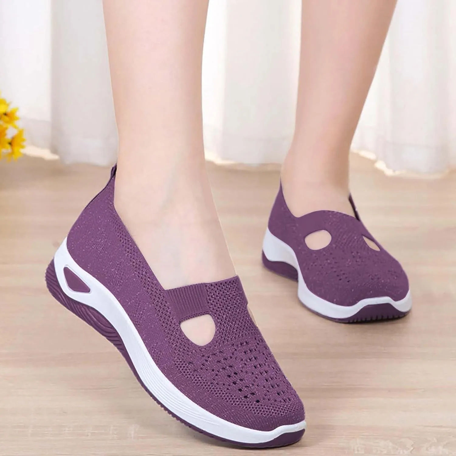 Orthowalkway Womens Shoes, Orthopedic Arch Support Woven Mesh Breathable Soft Slip-On Sneakers Indoor Outdoor Casual Walking Anti-Skid Sports Shoes