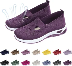 Orthowalkway Womens Shoes, Orthopedic Arch Support Woven Mesh Breathable Soft Slip-On Sneakers Indoor Outdoor Casual Walking Anti-Skid Sports Shoes