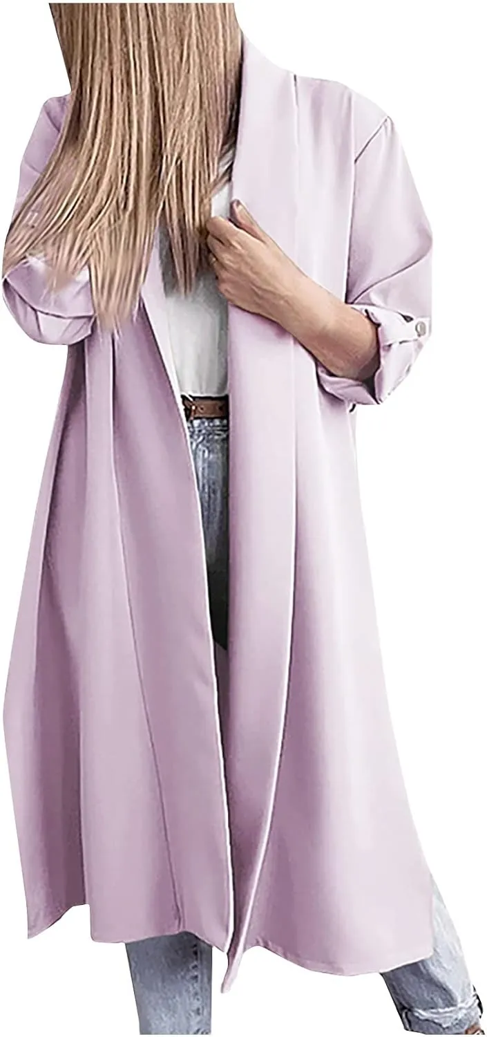 Oversized Long Blazer Cardigans for Women Open Front Ankle Length Long Sleeve Trench Coats Casual Dressy Outwear