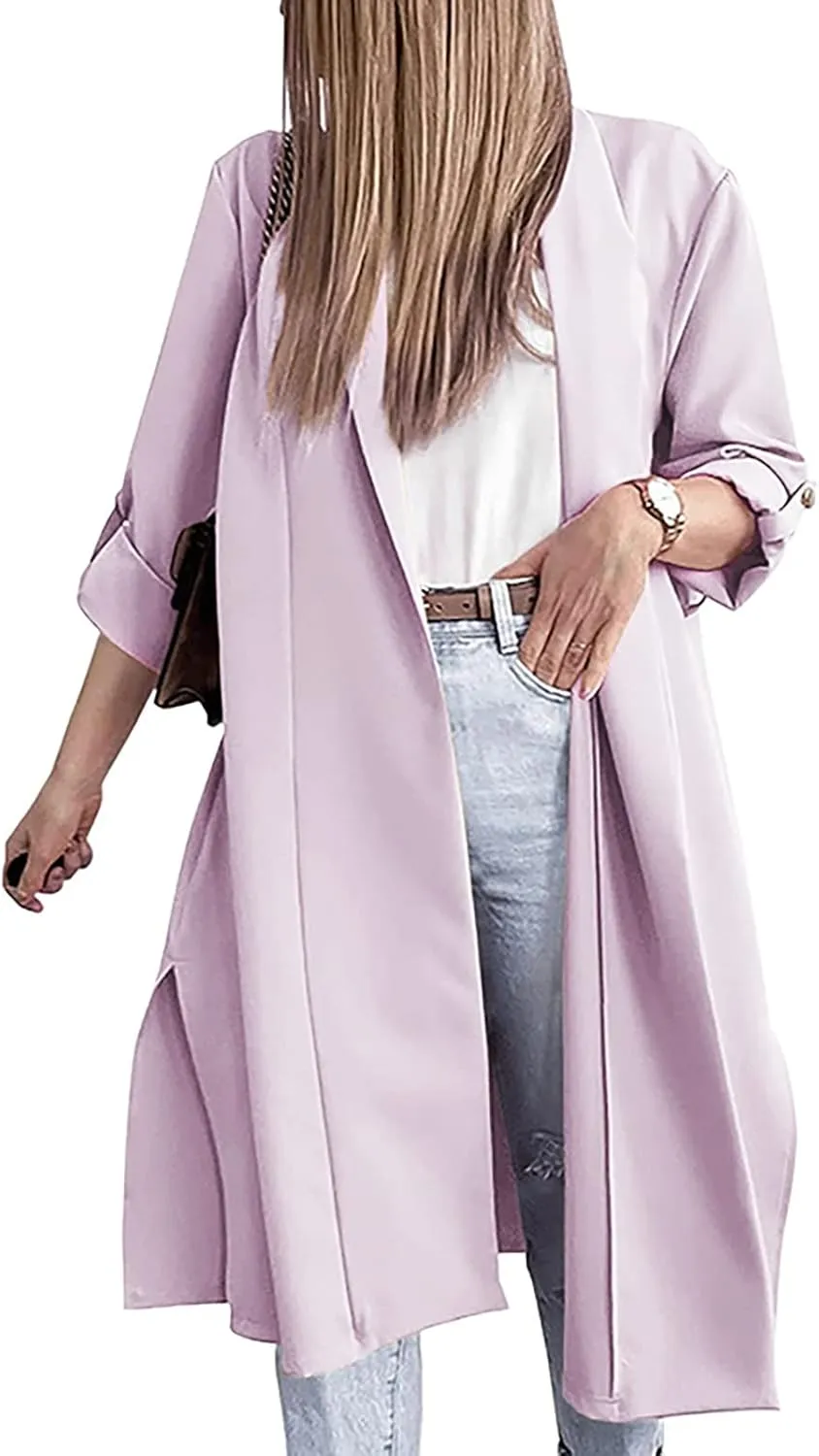 Oversized Long Blazer Cardigans for Women Open Front Ankle Length Long Sleeve Trench Coats Casual Dressy Outwear