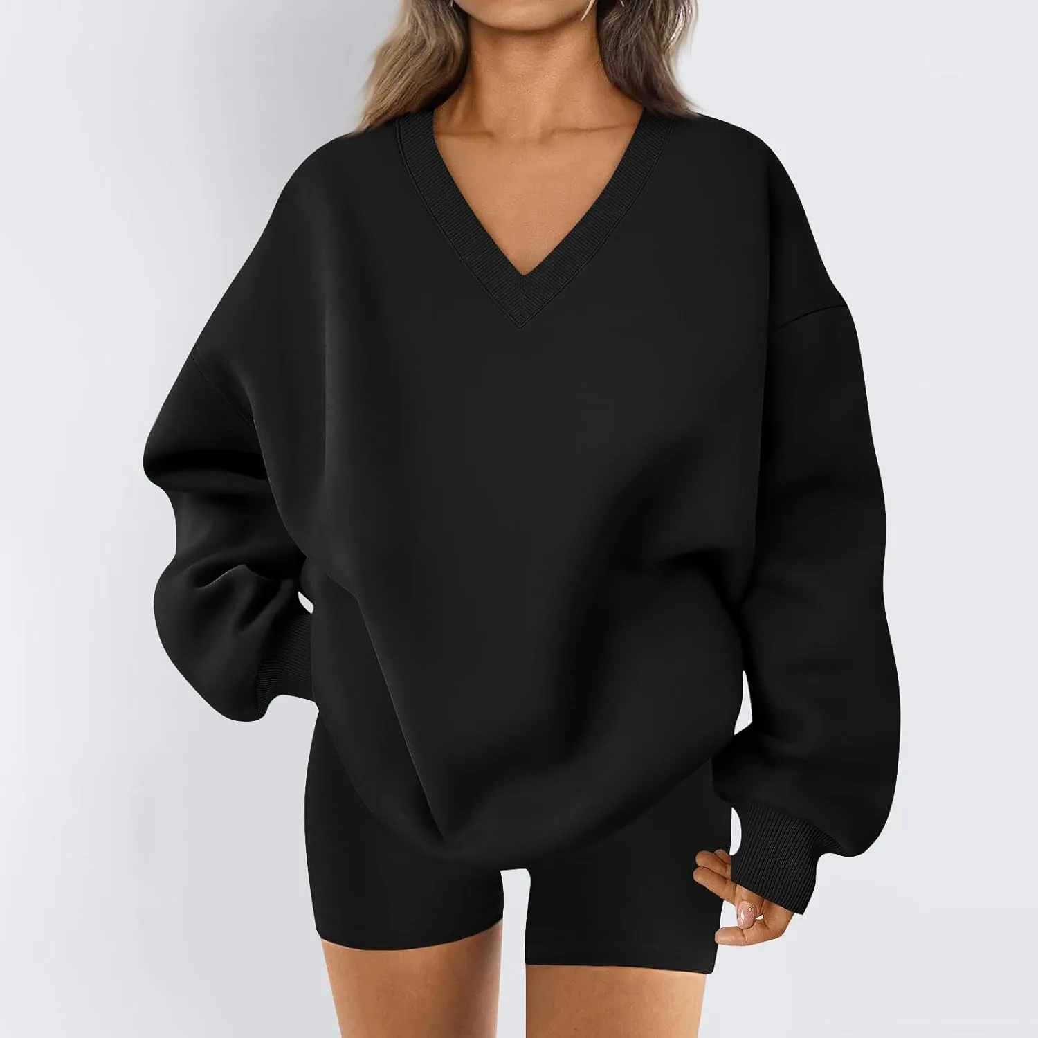 Oversized Sweatshirt For Women Plus Size Hoodies Trendy V Neck Long Sleeve Winter Clothes Drop Shoulder Pullover