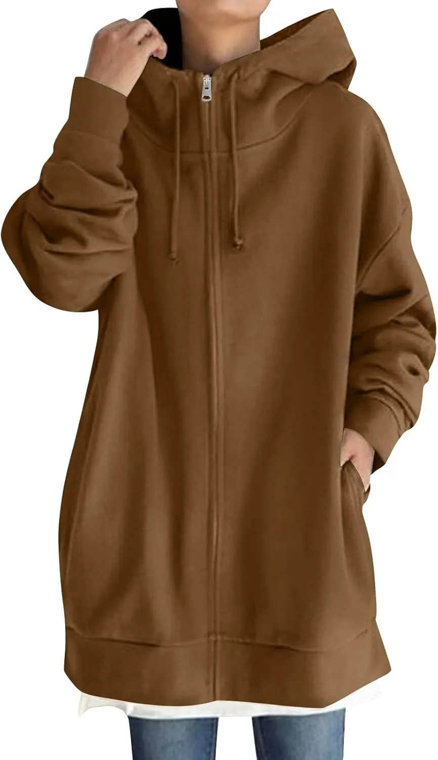 Oversized Zip Up Hoodies for Women Plus Size Long Sleeve Hooded Sweatshirt Casual Fall Long Jacket with Pockets