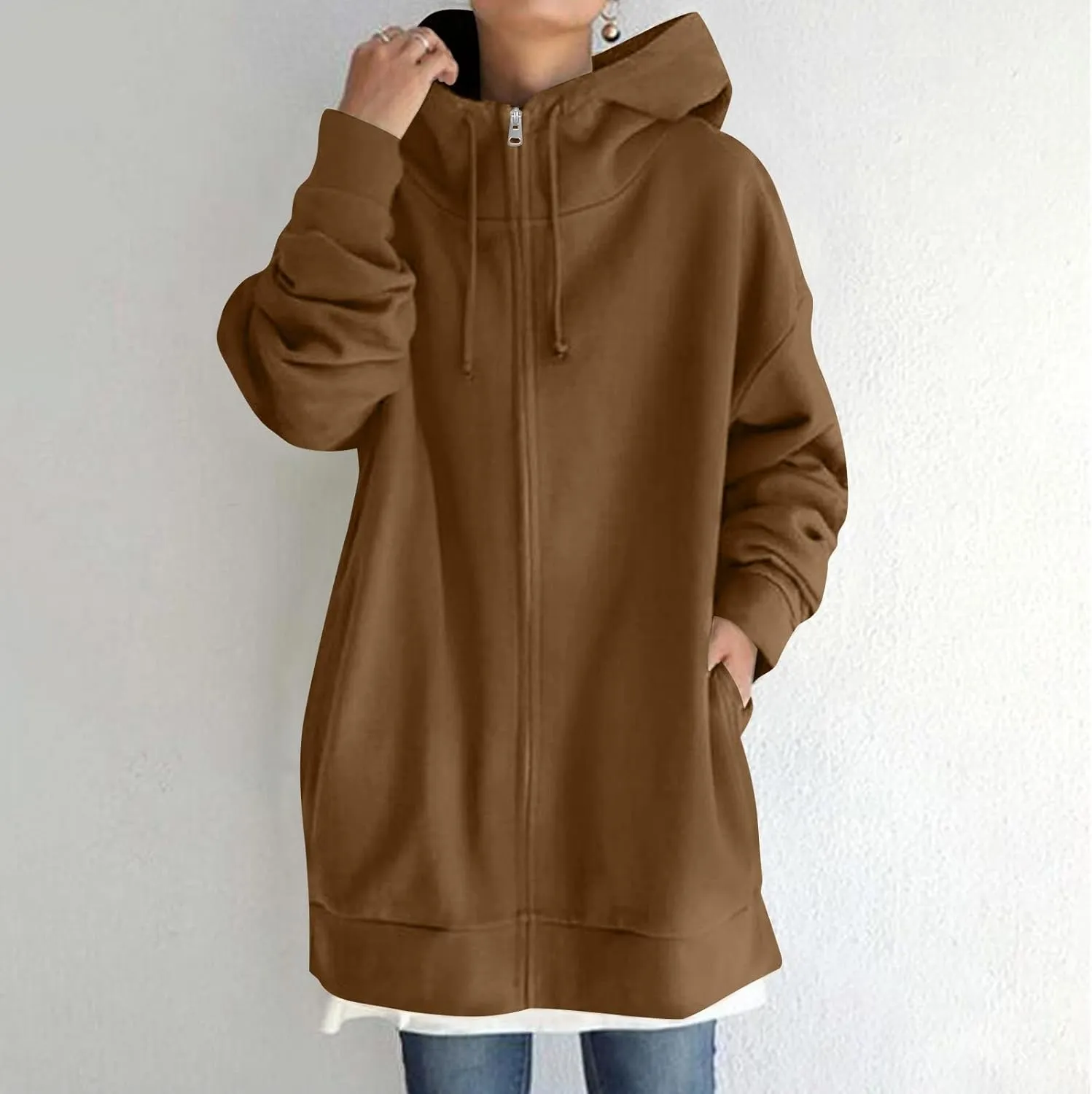 Oversized Zip Up Hoodies for Women Plus Size Long Sleeve Hooded Sweatshirt Casual Fall Long Jacket with Pockets