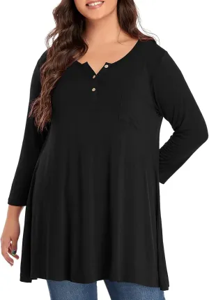 OVERWORETY Plus Size Tops for Women 3/4 Sleeve Henley V Neck Button Tunics Casual Loose Swing Shirts for Leggings