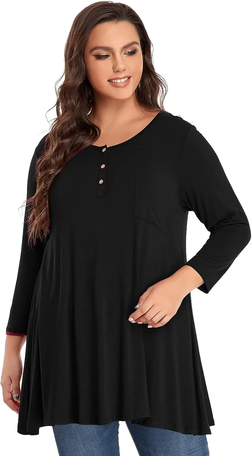 OVERWORETY Plus Size Tops for Women 3/4 Sleeve Henley V Neck Button Tunics Casual Loose Swing Shirts for Leggings