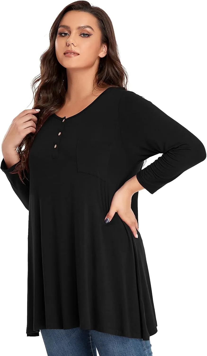 OVERWORETY Plus Size Tops for Women 3/4 Sleeve Henley V Neck Button Tunics Casual Loose Swing Shirts for Leggings
