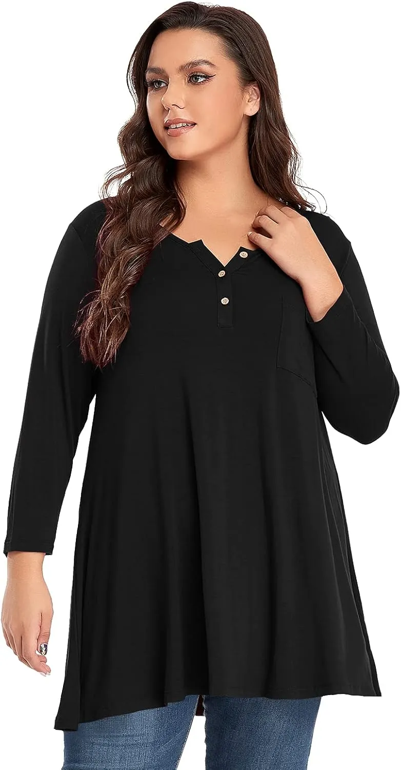 OVERWORETY Plus Size Tops for Women 3/4 Sleeve Henley V Neck Button Tunics Casual Loose Swing Shirts for Leggings