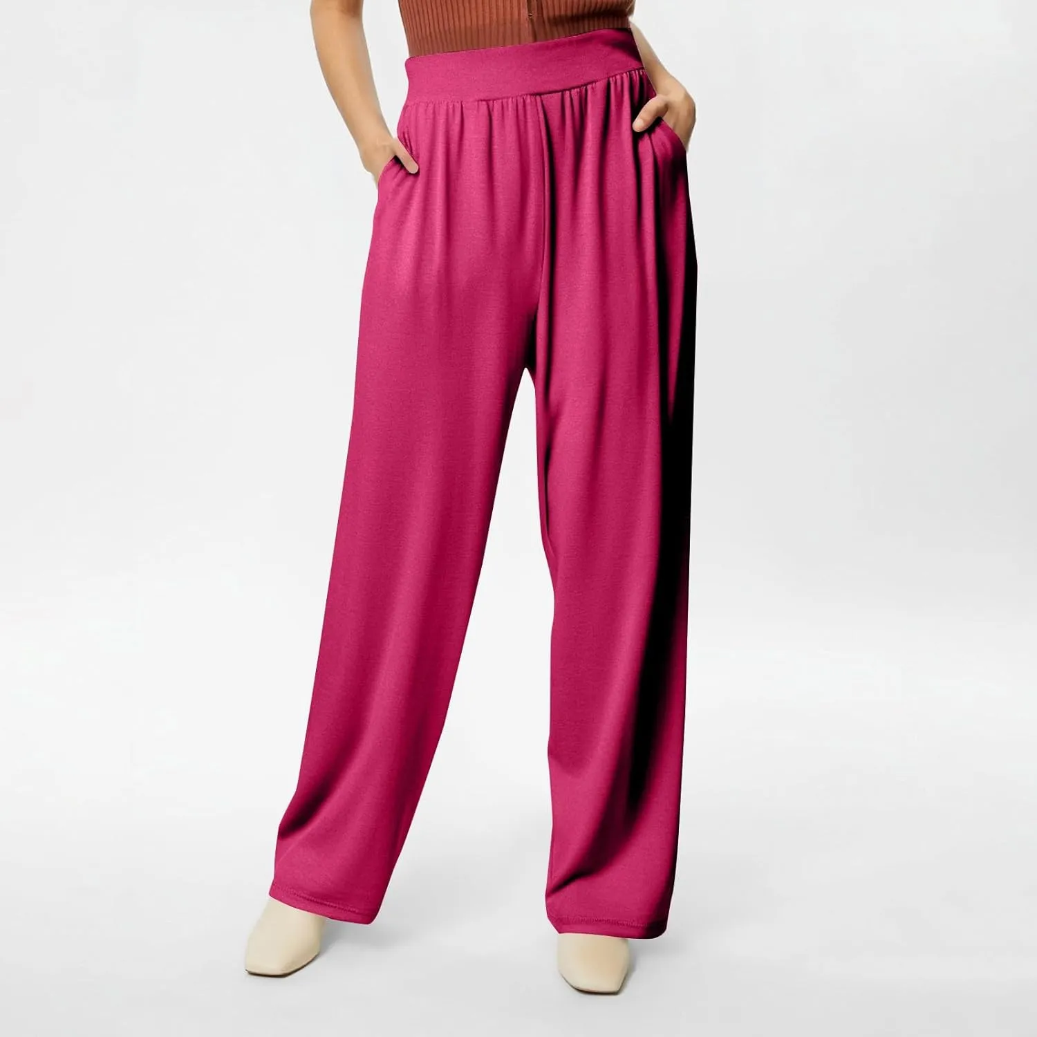 Pants for Women Plus Size Long Wide Leg High Waisted Pants Flowy Pleated Pull On Vacation Trousers with Pockets
