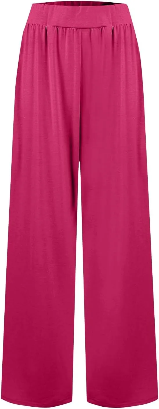 Pants for Women Plus Size Long Wide Leg High Waisted Pants Flowy Pleated Pull On Vacation Trousers with Pockets