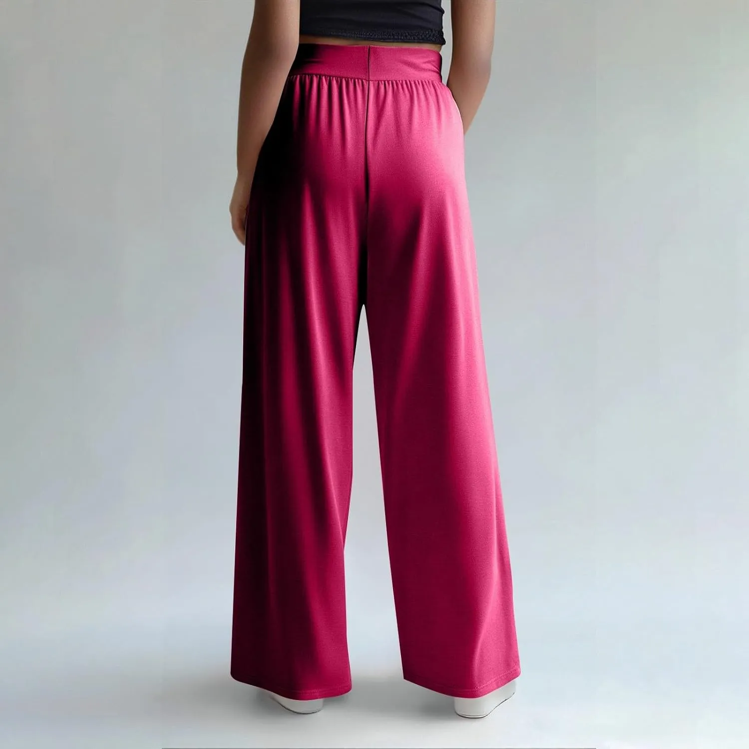 Pants for Women Plus Size Long Wide Leg High Waisted Pants Flowy Pleated Pull On Vacation Trousers with Pockets