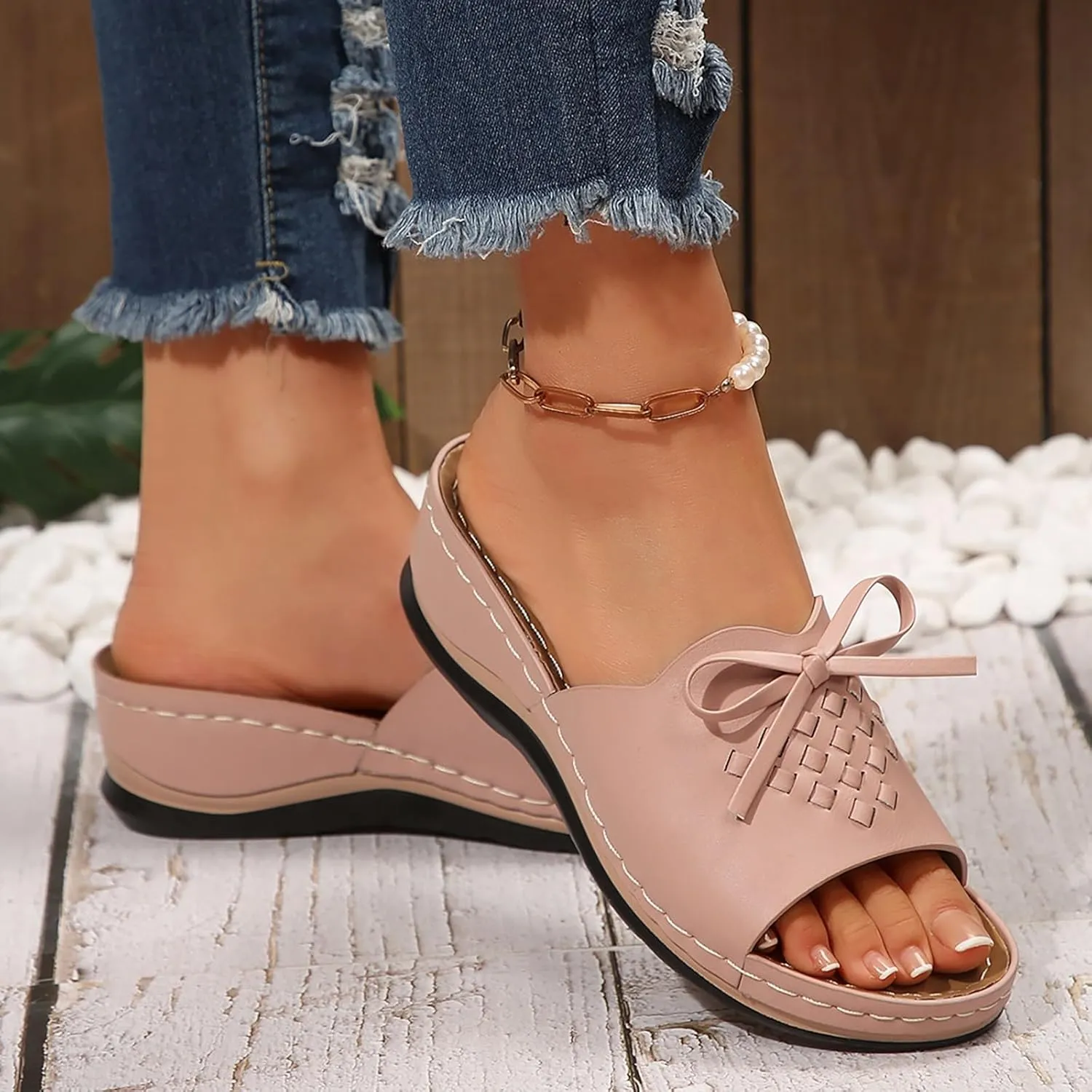 Platform Sandals Women Open Toe Bow Knot Comfort Wedge Sandals Summer Trendy Soft Yoga Mat Platform Slip on Women Shoes