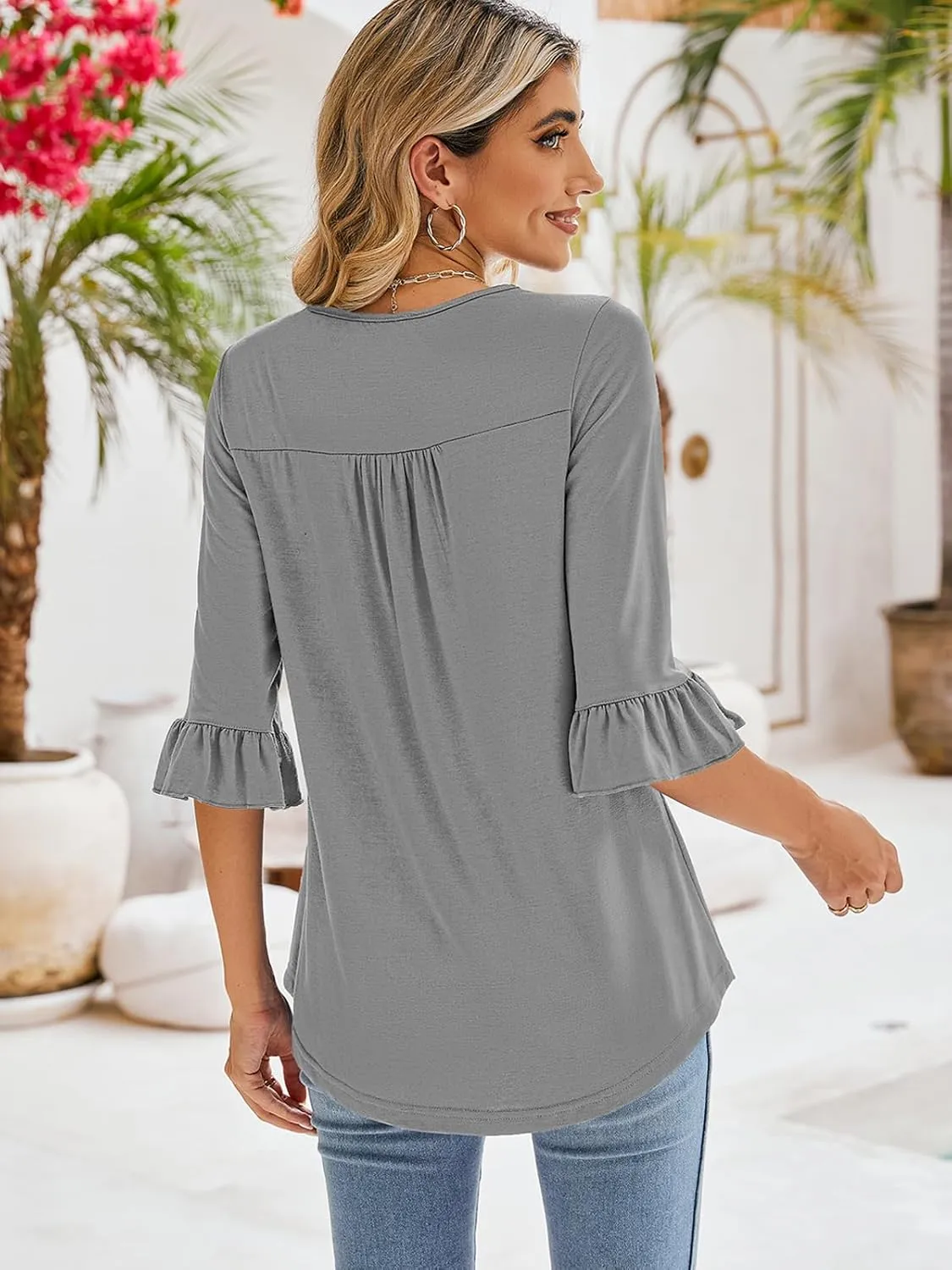 Poetsky Women's Casual 3/4 Sleeve Tops Summer Square Neck T Shirts Ruffle Loose Fit Tunic Blouses