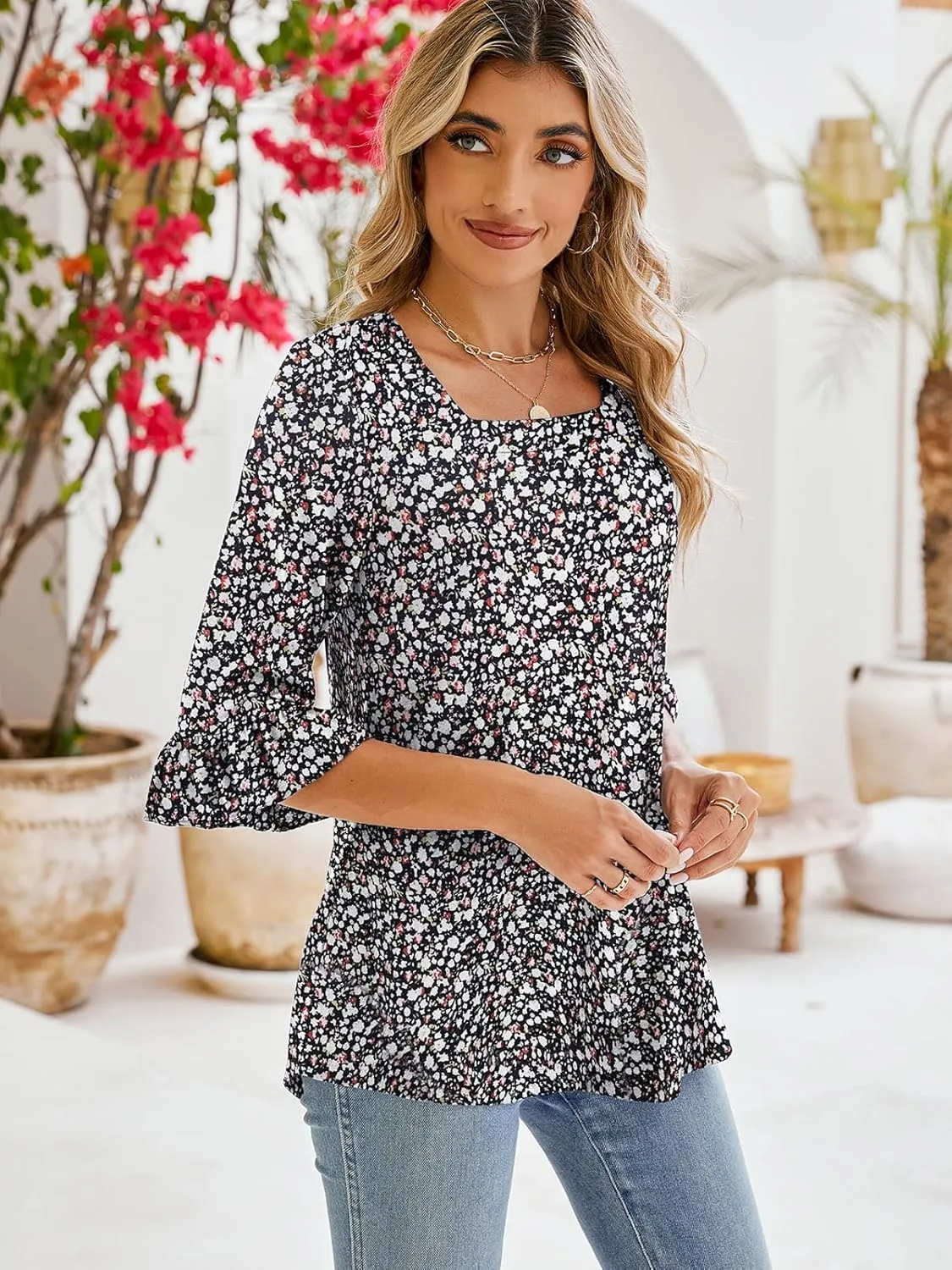 Poetsky Women's Casual 3/4 Sleeve Tops Summer Square Neck T Shirts Ruffle Loose Fit Tunic Blouses