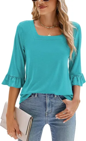 Poetsky Women's Casual 3/4 Sleeve Tops Summer Square Neck T Shirts Ruffle Loose Fit Tunic Blouses