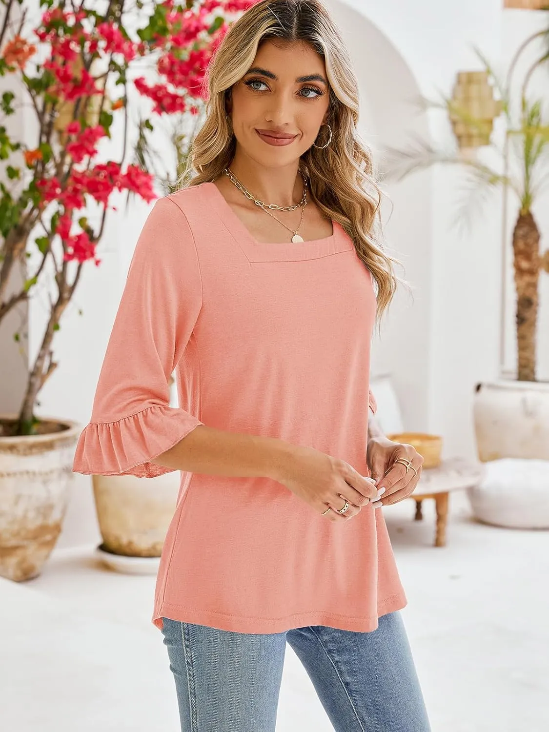 Poetsky Women's Casual 3/4 Sleeve Tops Summer Square Neck T Shirts Ruffle Loose Fit Tunic Blouses