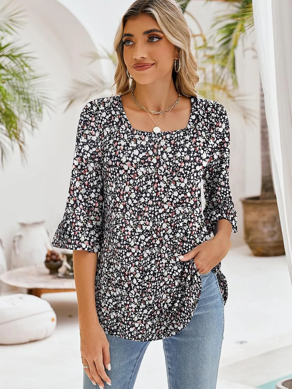 Poetsky Women's Casual 3/4 Sleeve Tops Summer Square Neck T Shirts Ruffle Loose Fit Tunic Blouses