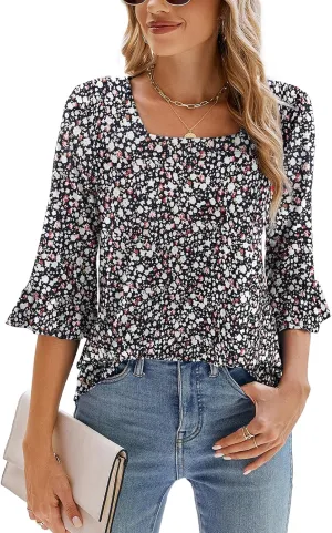 Poetsky Women's Casual 3/4 Sleeve Tops Summer Square Neck T Shirts Ruffle Loose Fit Tunic Blouses