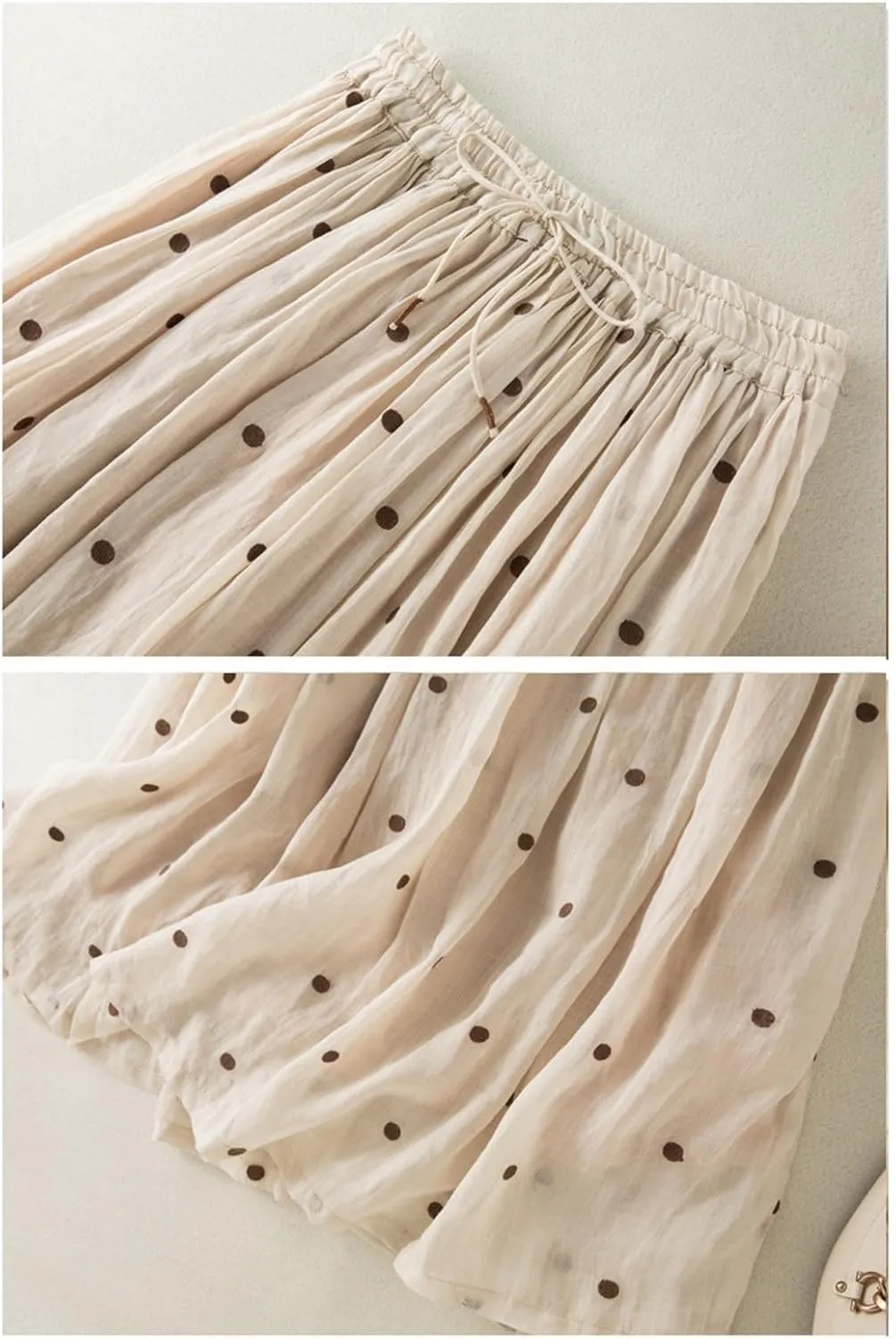 Polka Dot Skirts for Women Midi Length Casual Drawstring Elastic Waisted Swing A-Line Pleated Skirt