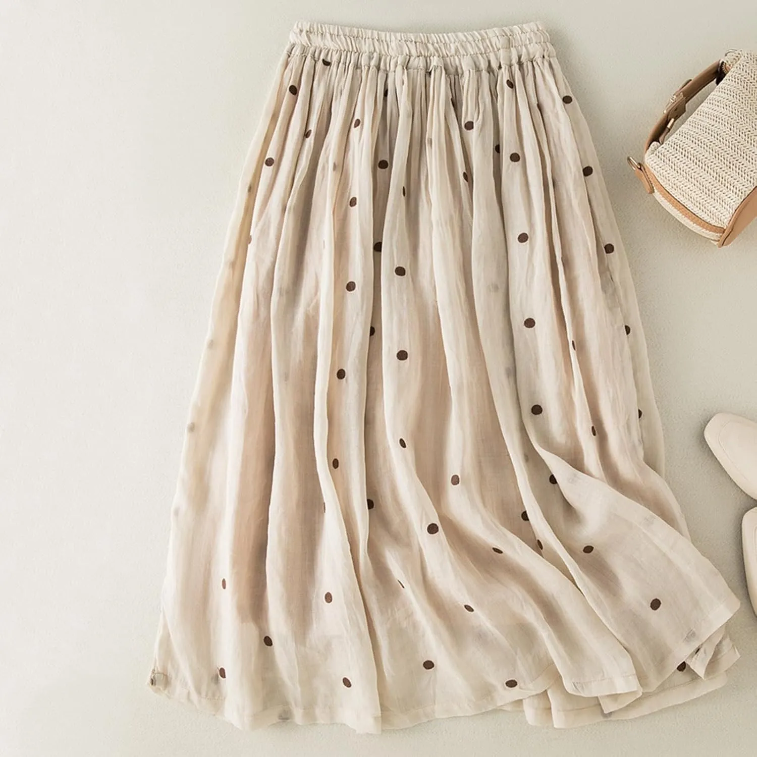 Polka Dot Skirts for Women Midi Length Casual Drawstring Elastic Waisted Swing A-Line Pleated Skirt