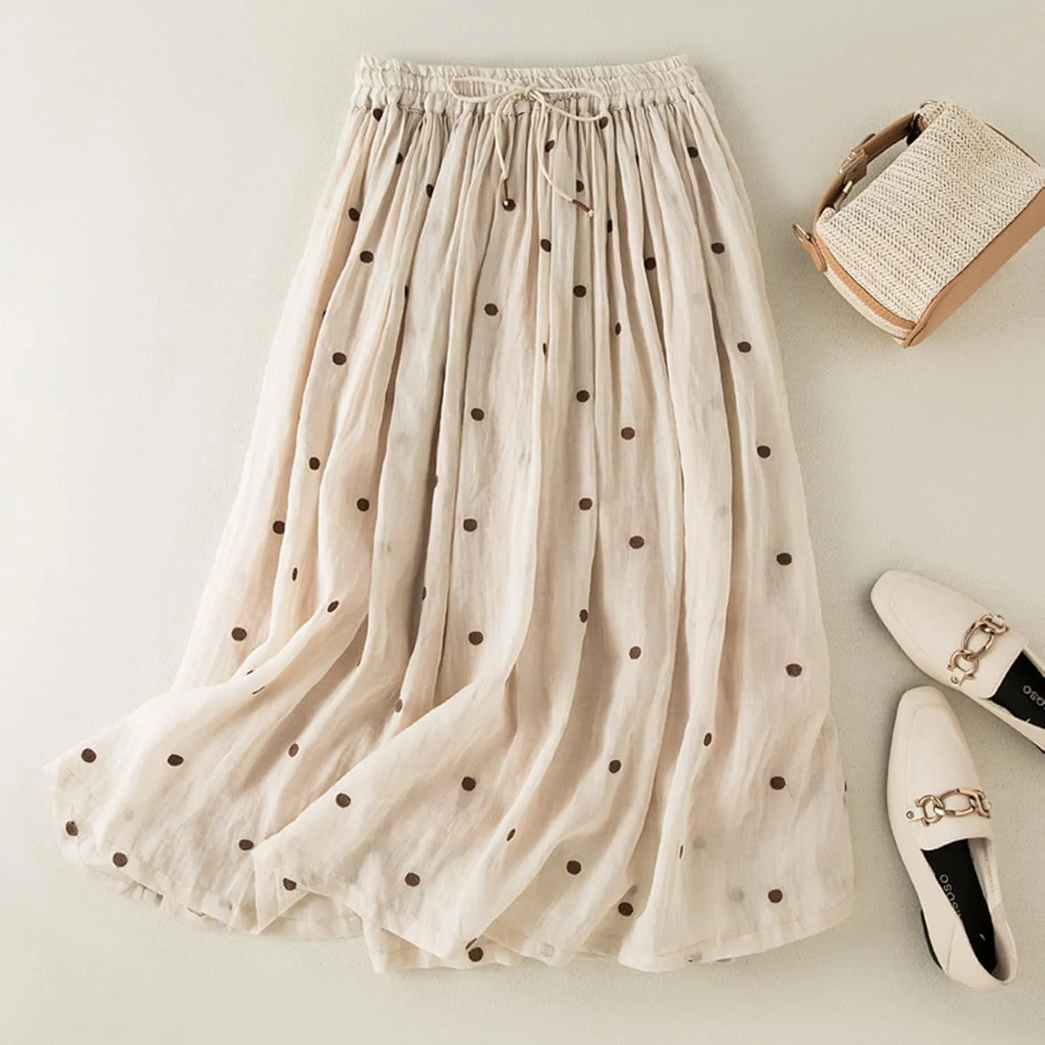 Polka Dot Skirts for Women Midi Length Casual Drawstring Elastic Waisted Swing A-Line Pleated Skirt