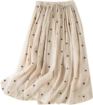 Polka Dot Skirts for Women Midi Length Casual Drawstring Elastic Waisted Swing A-Line Pleated Skirt
