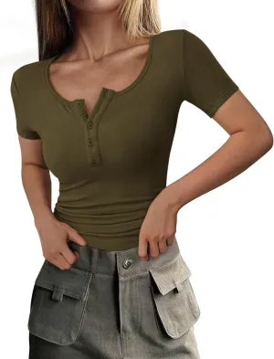 PRETTYGARDEN Women's 2025 Spring Summer Short Sleeve Tops Ribbed Henley Button Slim Fit Basic Casual T Shirts Blouse Clothing