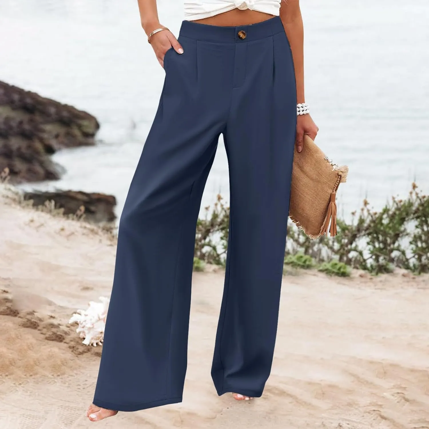 PTOLOCIF Palazzo Pants for Women,Baggy Linen Pants Summer Lightweight High Waist Palazzo Pants Loose Straight Leg Pants