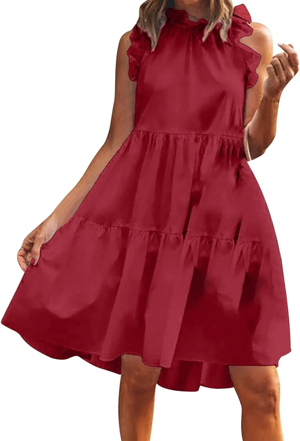 PTOLOCIF Women's Summer Sleeveless Ruffle Sleeve Dresses Round Neck Solid Loose Short Flowy A Line Mini Babydoll Dress A