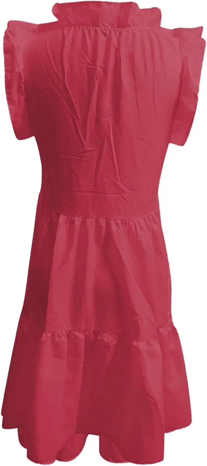 PTOLOCIF Women's Summer Sleeveless Ruffle Sleeve Dresses Round Neck Solid Loose Short Flowy A Line Mini Babydoll Dress A