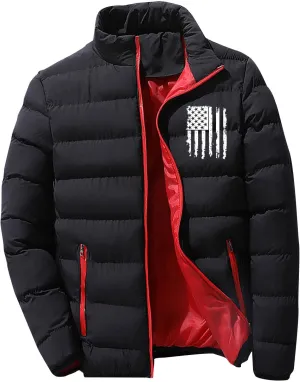 Puffer Jacket Men Packable Lightweight Down Coat USA Flag Winter Jacket Zip up Quilted Jacket with Zipper Pockets