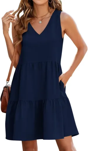 QACOHU Women's Summer Sleeveless V Neck Mini Dress with Pockets Casual Sundress Beach Dresses for Women 2025