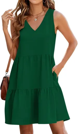 QACOHU Women's Summer Sleeveless V Neck Mini Dress with Pockets Casual Sundress Beach Dresses for Women 2025
