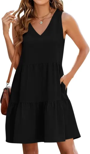 QACOHU Women's Summer Sleeveless V Neck Mini Dress with Pockets Casual Sundress Beach Dresses for Women 2025