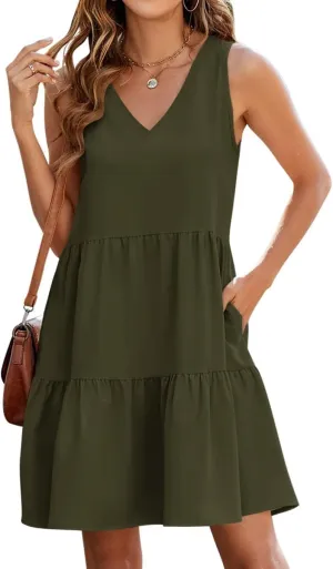 QACOHU Women's Summer Sleeveless V Neck Mini Dress with Pockets Casual Sundress Beach Dresses for Women 2025
