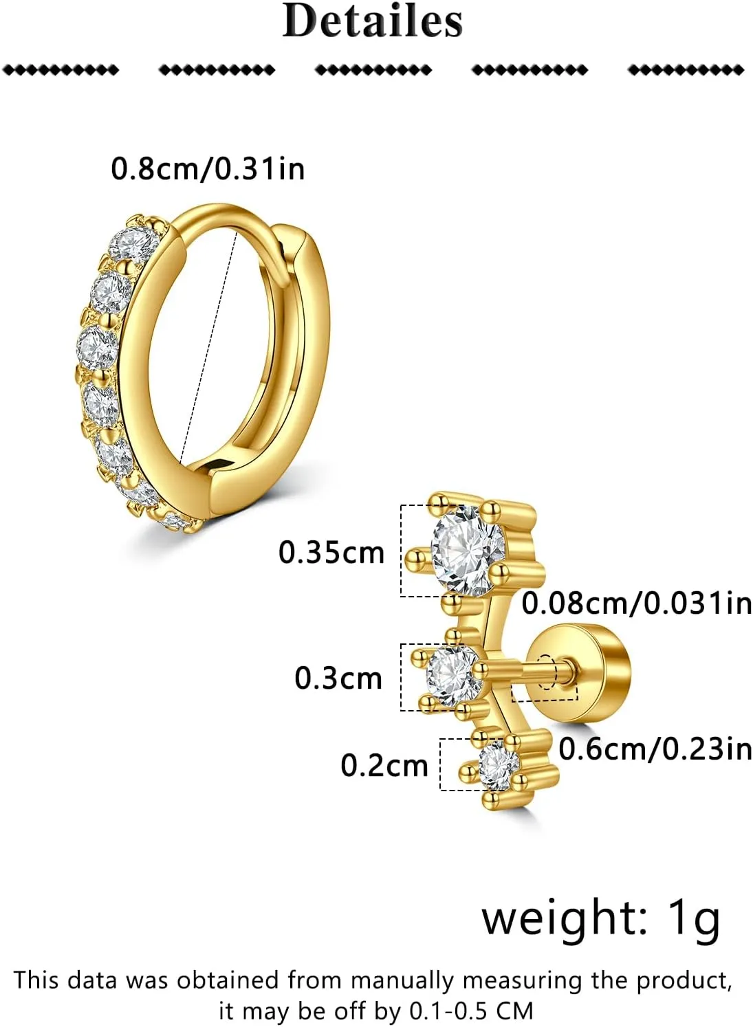 QWALIT Gold Earrings for Women Flat Back Hypoallergenic Screw Back Cartilage Earrings for Women Surgical Steel Small Hoop Earring Gold Plated Helix Jewelry Second Hole Earring Set