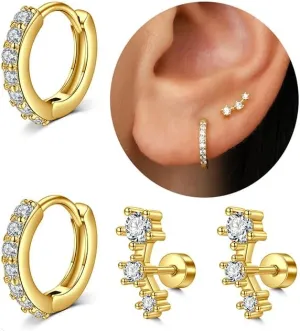 QWALIT Gold Earrings for Women Flat Back Hypoallergenic Screw Back Cartilage Earrings for Women Surgical Steel Small Hoop Earring Gold Plated Helix Jewelry Second Hole Earring Set