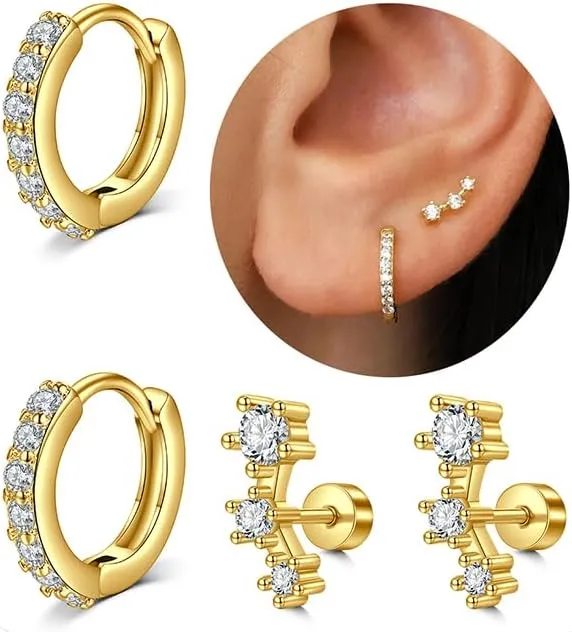 QWALIT Gold Earrings for Women Flat Back Hypoallergenic Screw Back Cartilage Earrings for Women Surgical Steel Small Hoop Earring Gold Plated Helix Jewelry Second Hole Earring Set