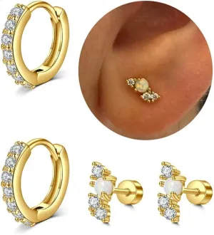 QWALIT Gold Earrings for Women Flat Back Hypoallergenic Screw Back Cartilage Earrings for Women Surgical Steel Small Hoop Earring Gold Plated Helix Jewelry Second Hole Earring Set