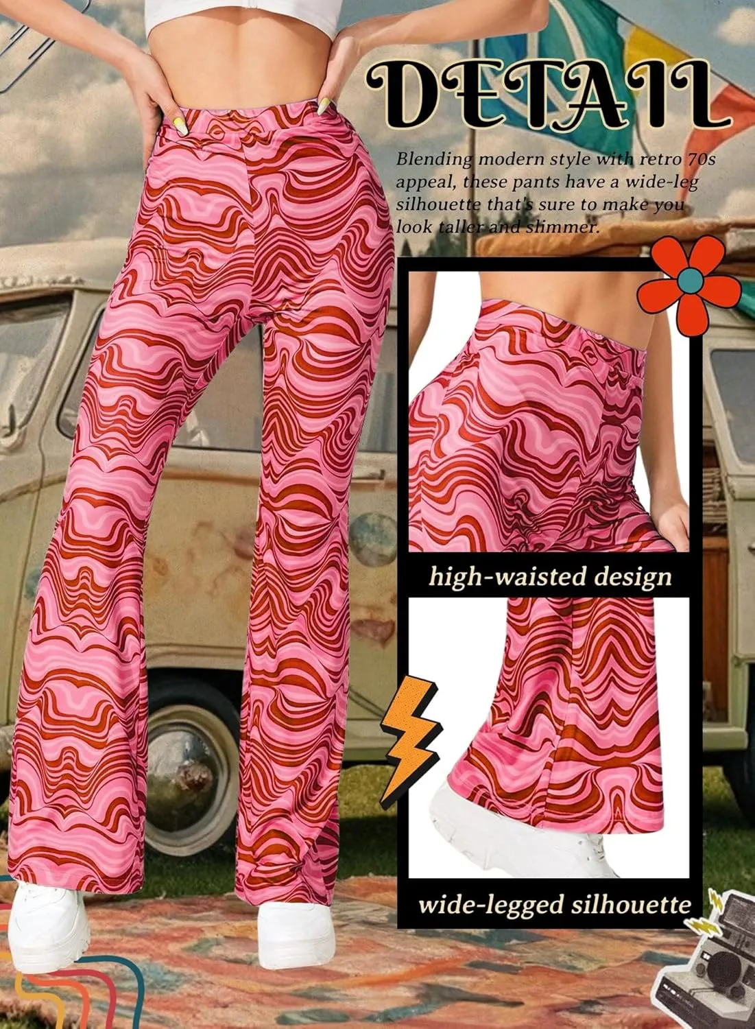Rave Flare Pants for Women - EDC 70s Wide Leg Flair Leggings Disco Festival Outfits High Waist Bell Bottom Trousers