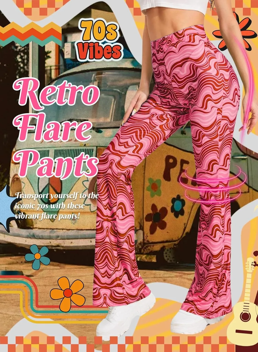 Rave Flare Pants for Women - EDC 70s Wide Leg Flair Leggings Disco Festival Outfits High Waist Bell Bottom Trousers