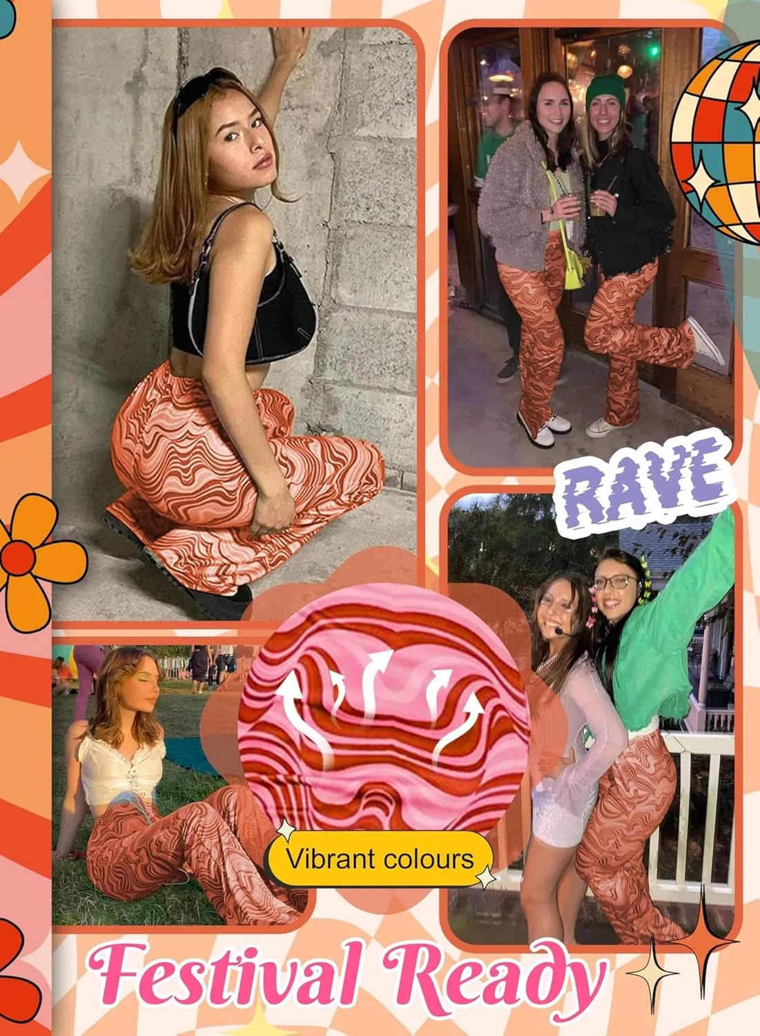 Rave Flare Pants for Women - EDC 70s Wide Leg Flair Leggings Disco Festival Outfits High Waist Bell Bottom Trousers