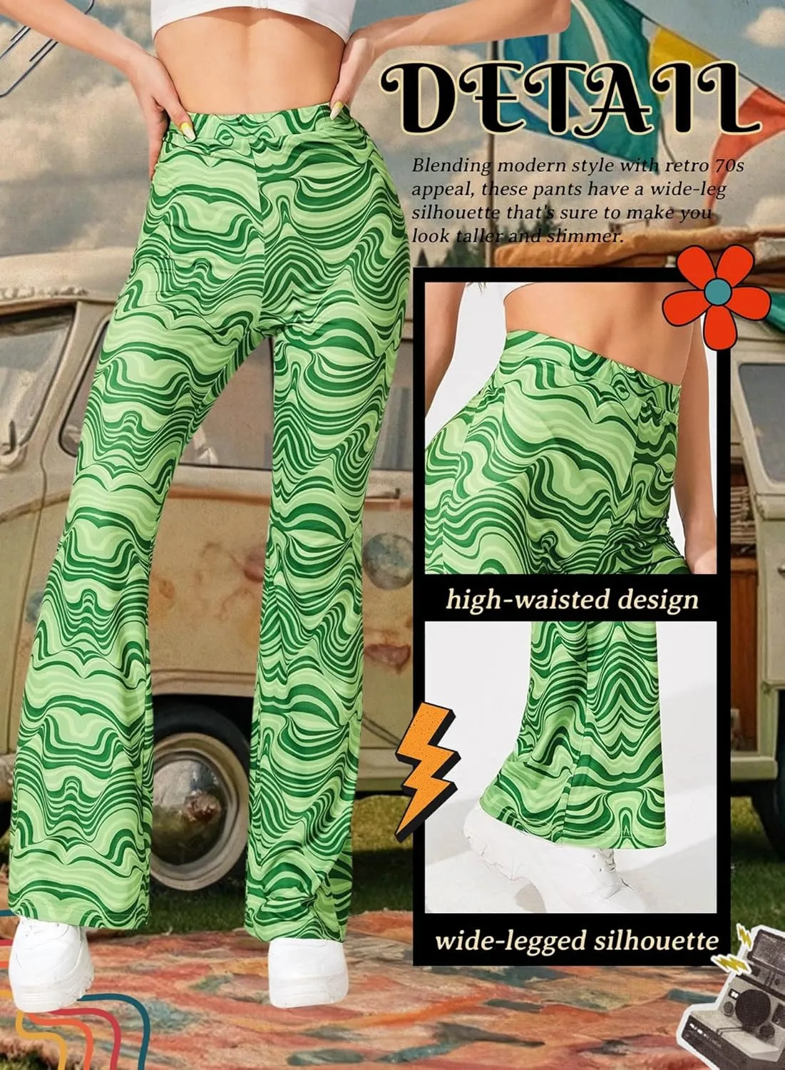 Rave Flare Pants for Women - EDC 70s Wide Leg Flair Leggings Disco Festival Outfits High Waist Bell Bottom Trousers