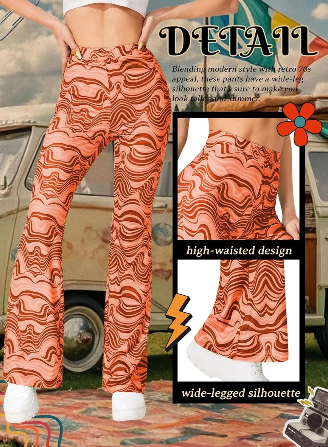Rave Flare Pants for Women - EDC 70s Wide Leg Flair Leggings Disco Festival Outfits High Waist Bell Bottom Trousers