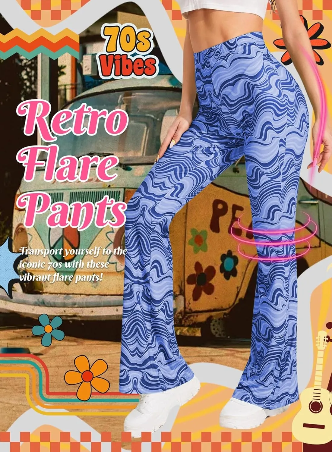 Rave Flare Pants for Women - EDC 70s Wide Leg Flair Leggings Disco Festival Outfits High Waist Bell Bottom Trousers